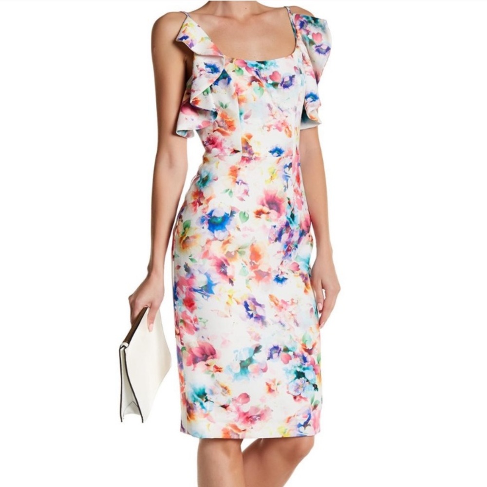 Black Halo Rosette Ruffled Sheath Dress Floral NWT!